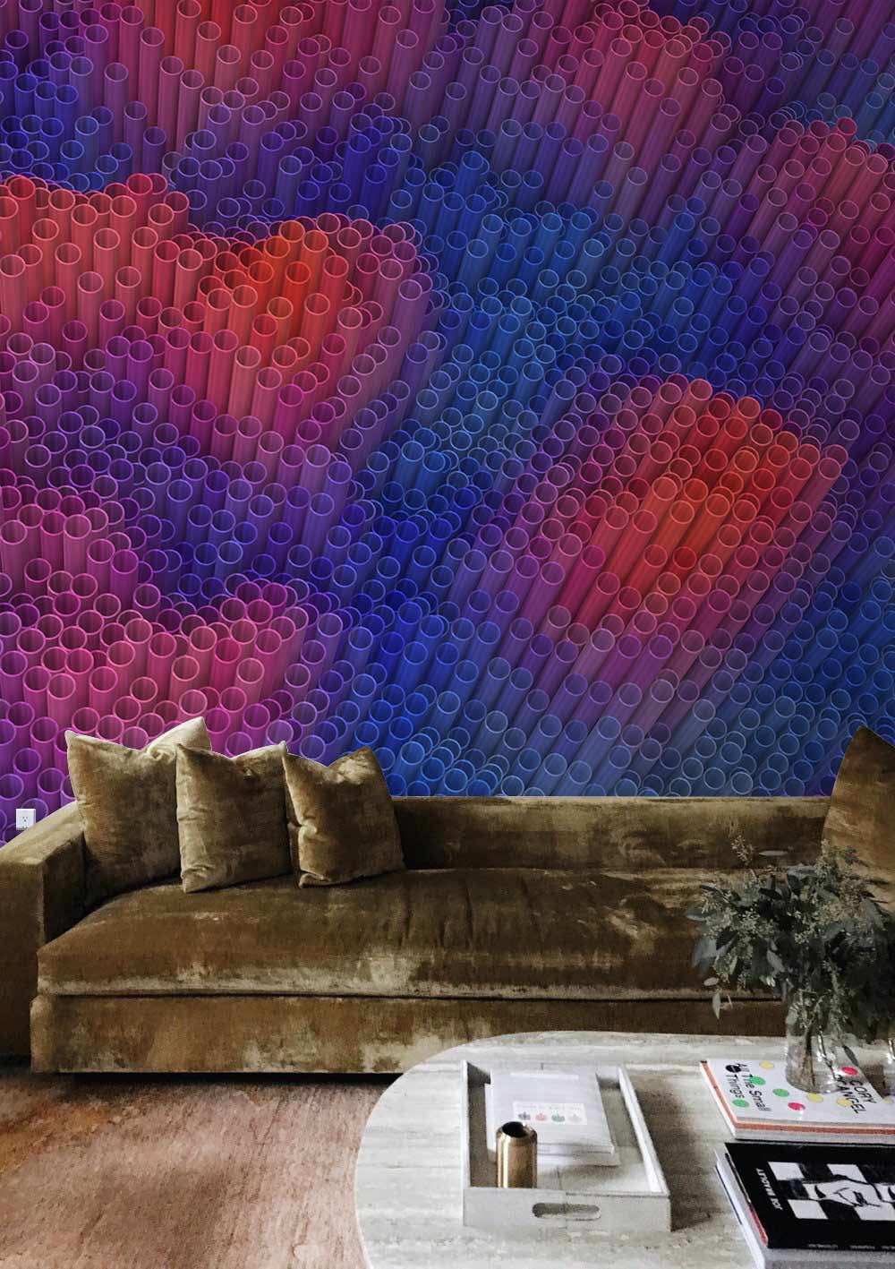 Vibrant geometric abstract mural with 3D illusion, brown velvet sofa, wooden flooring, modern living room.