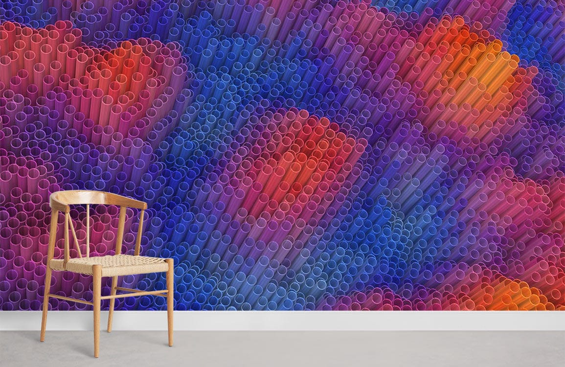 Vibrant Geometric Abstract Mural Wallpaper with 3D illusion, wooden chair, minimalist grey flooring.