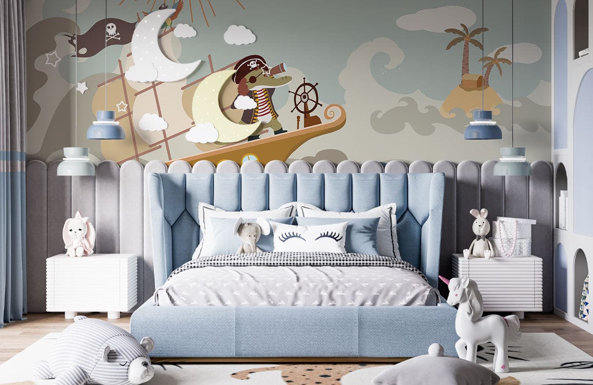 Children's room with nautical pirate mural, blue bed, playful decor, and wooden flooring, dimension available.