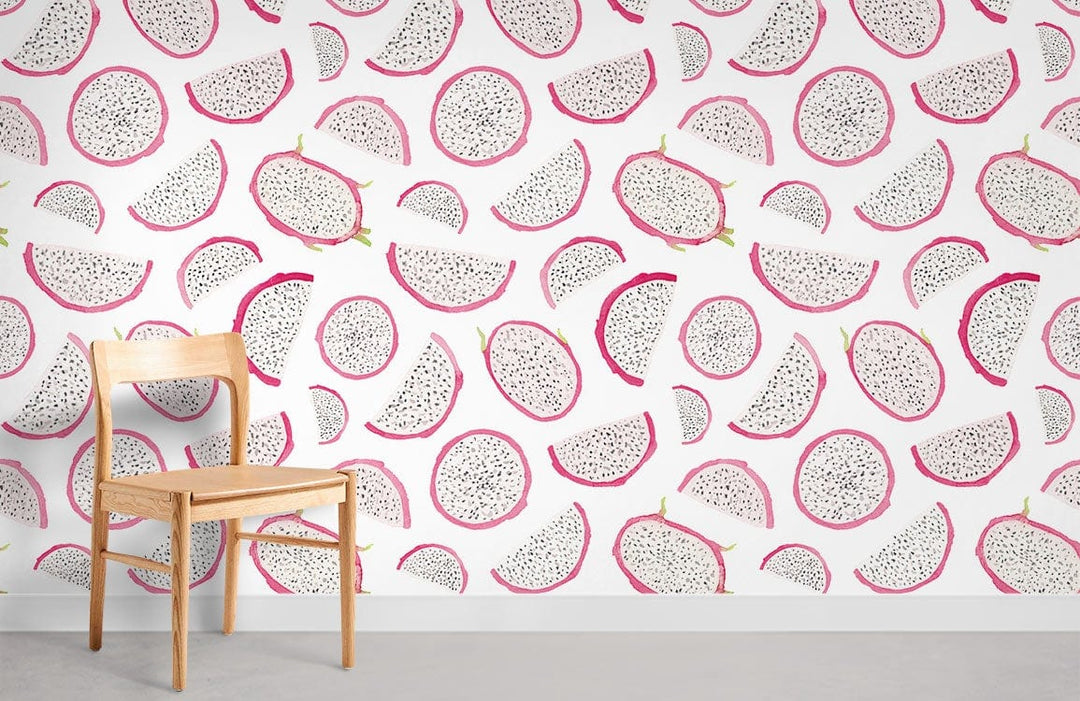 Dragon fruit pattern wallpaper mural with wooden chair, vibrant decor against white wall in modern room.
