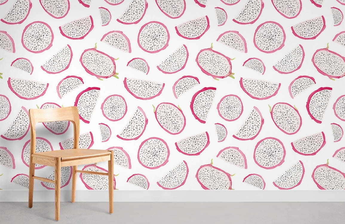 Dragon fruit pattern wallpaper mural with wooden chair, vibrant decor against white wall in modern room.