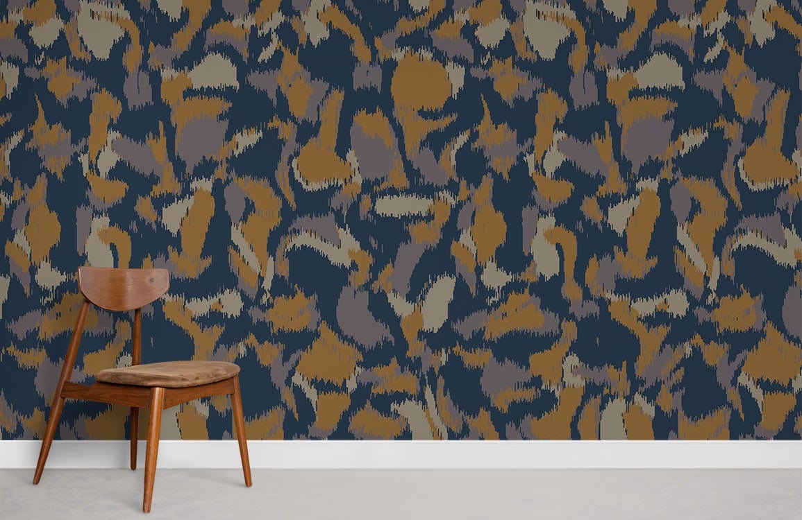Abstract earthy tones camouflage wallpaper, modern interiors. Wooden chair, neutral flooring, contemporary style.