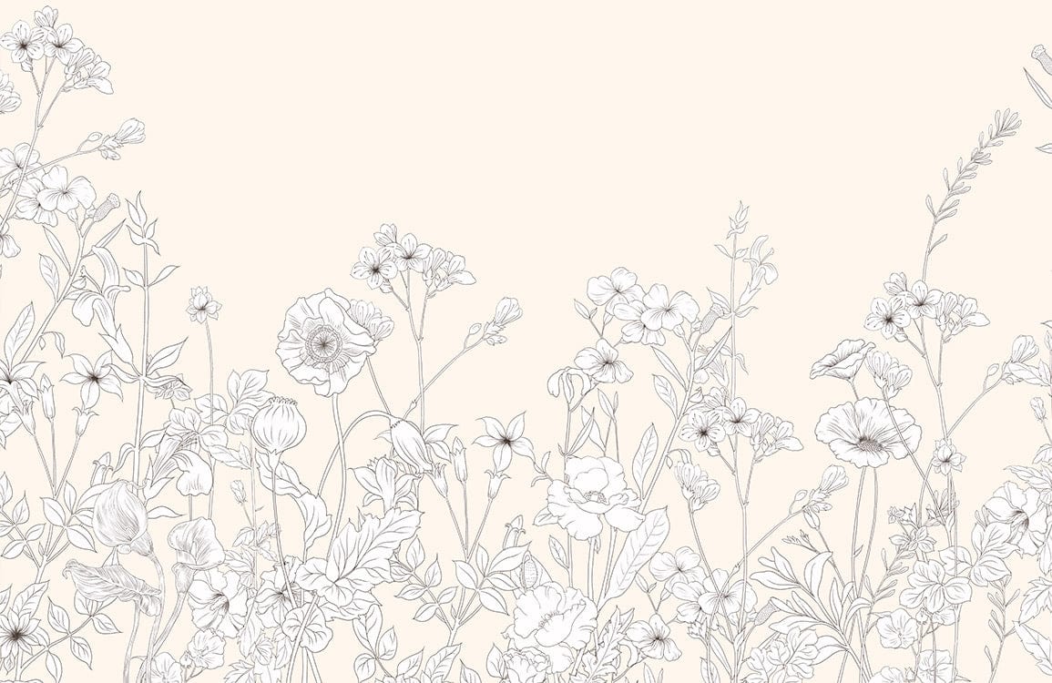 Elegant Cream Floral Botanical Sketch Wallpaper for Modern Home Décor