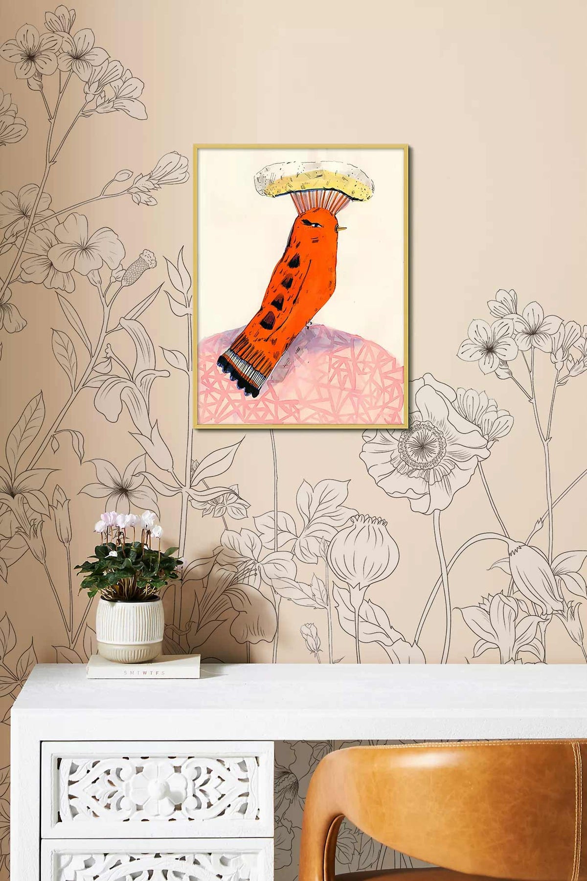 Elegant cream floral wallpaper with white desk, brown chair in modern room, vibrant art decor.