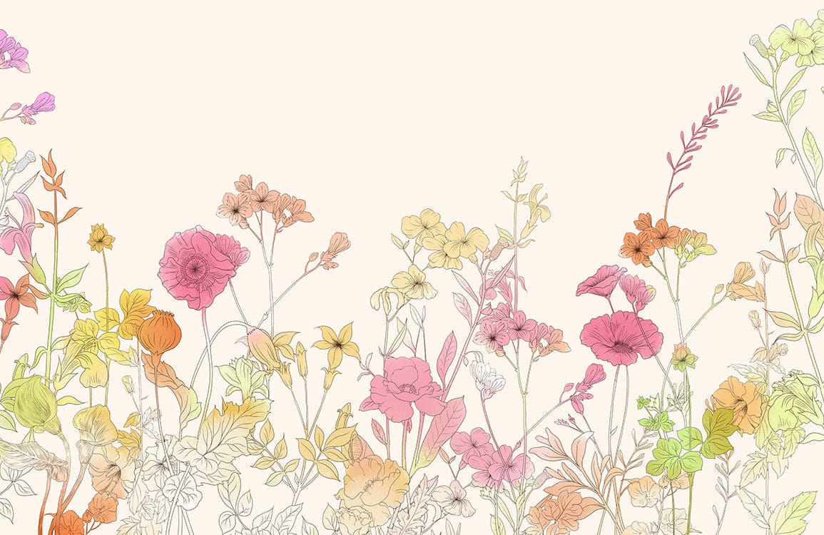 Pastel Floral Meadow Mural Wallpaper - Elegant Botanical Design for Home Decor