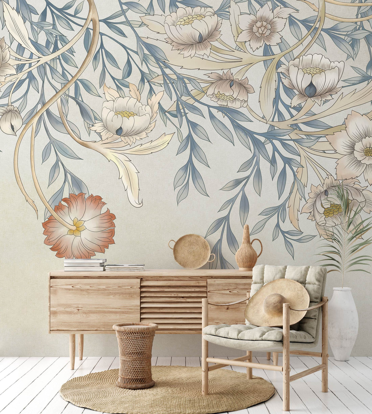 Elegant Pastel Floral Cascade Mural Wallpaper, vintage botanical design with natural wood furniture, beige chair.