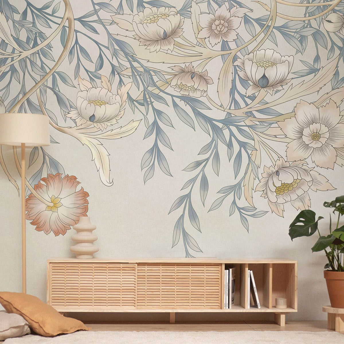 Elegant pastel floral mural wallpaper, wooden sideboard, beige sofa, living room, vintage botanical design.