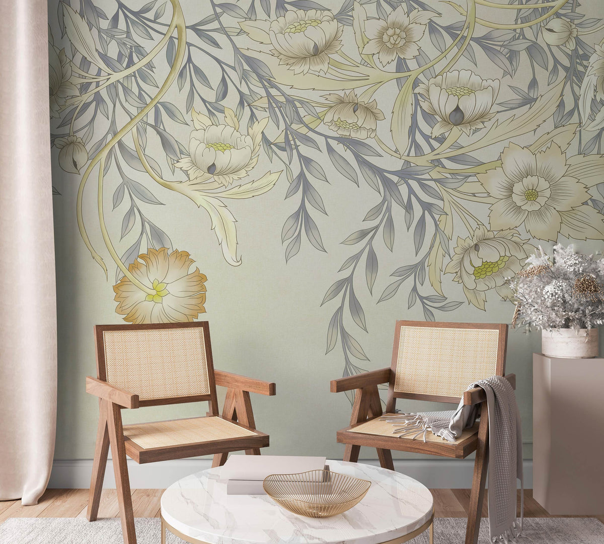 Vintage floral wallpaper in beige and green with wooden chairs, round table, and light curtain.