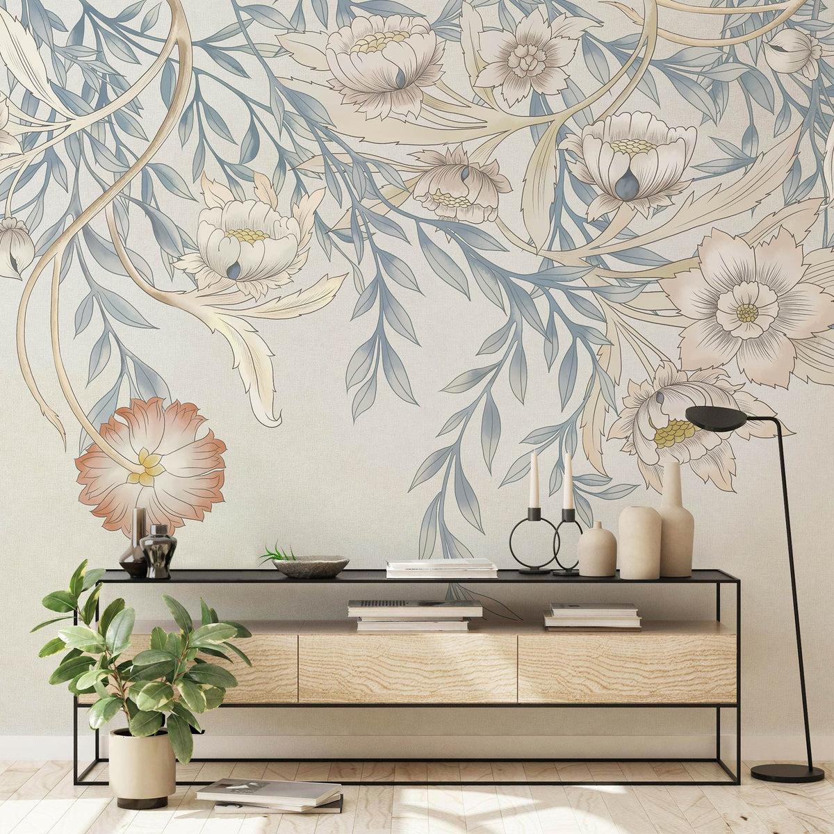Elegant pastel floral cascade mural wallpaper in living room with neutral console and cream flooring.