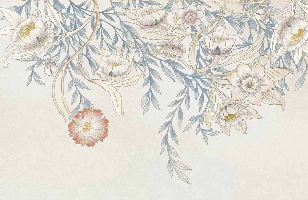 Elegant Pastel Floral Cascade Mural Wallpaper - Vintage Botanical Design Decor