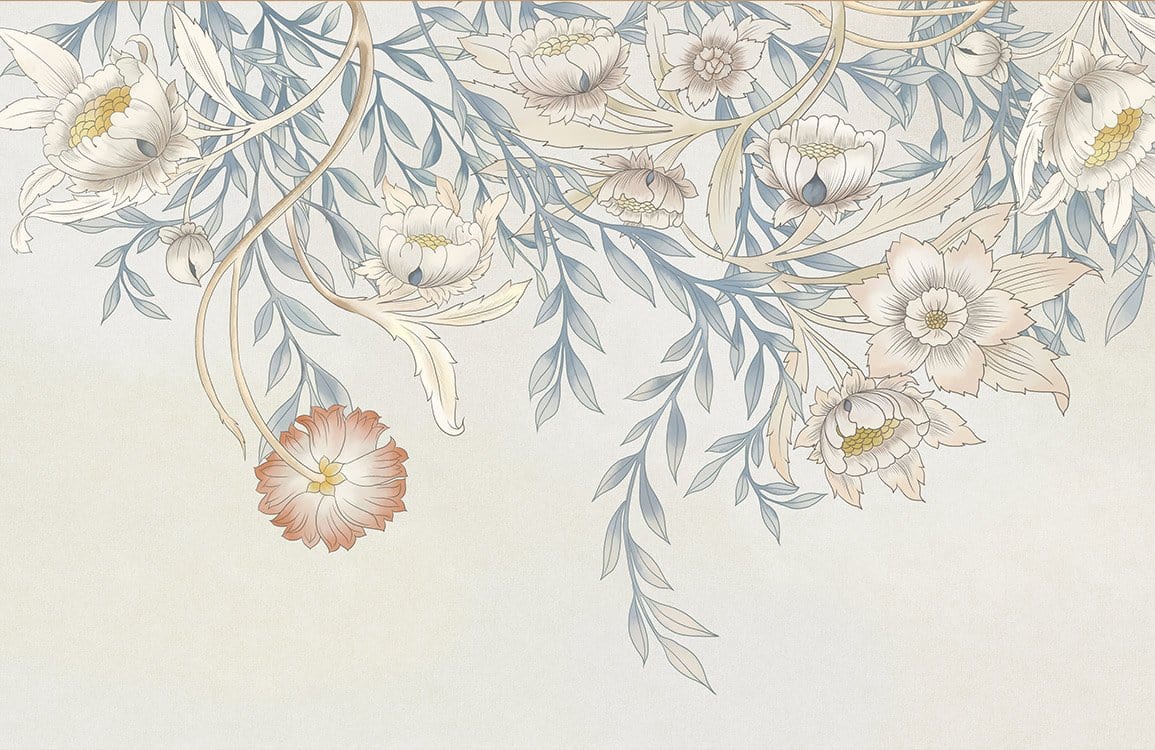 Elegant Pastel Floral Cascade Mural Wallpaper - Vintage Botanical Design Decor