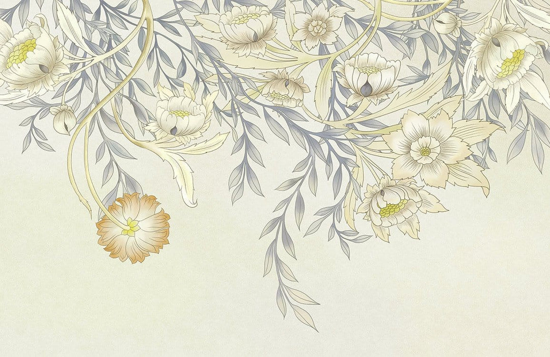 Vintage Floral Blossom Wallpaper in Soft Beige and Leafy Green Tones