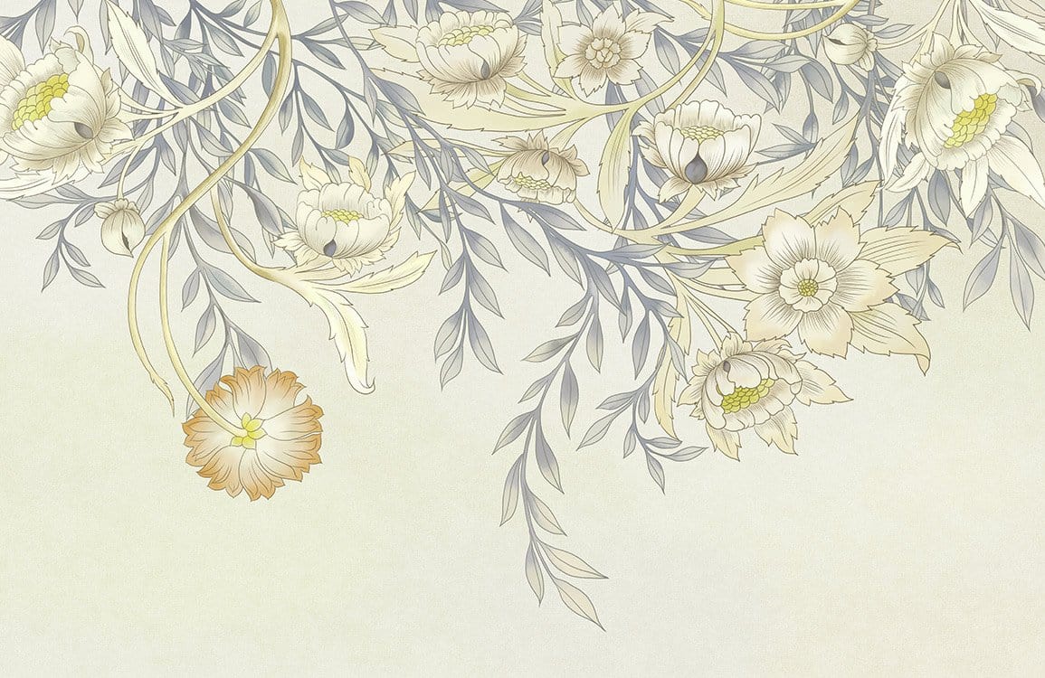 Vintage Floral Blossom Wallpaper in Soft Beige and Leafy Green Tones
