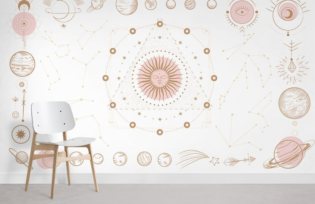Bohemian sun and moon mural wallpaper with a white chair on light flooring, cosmic design elements.