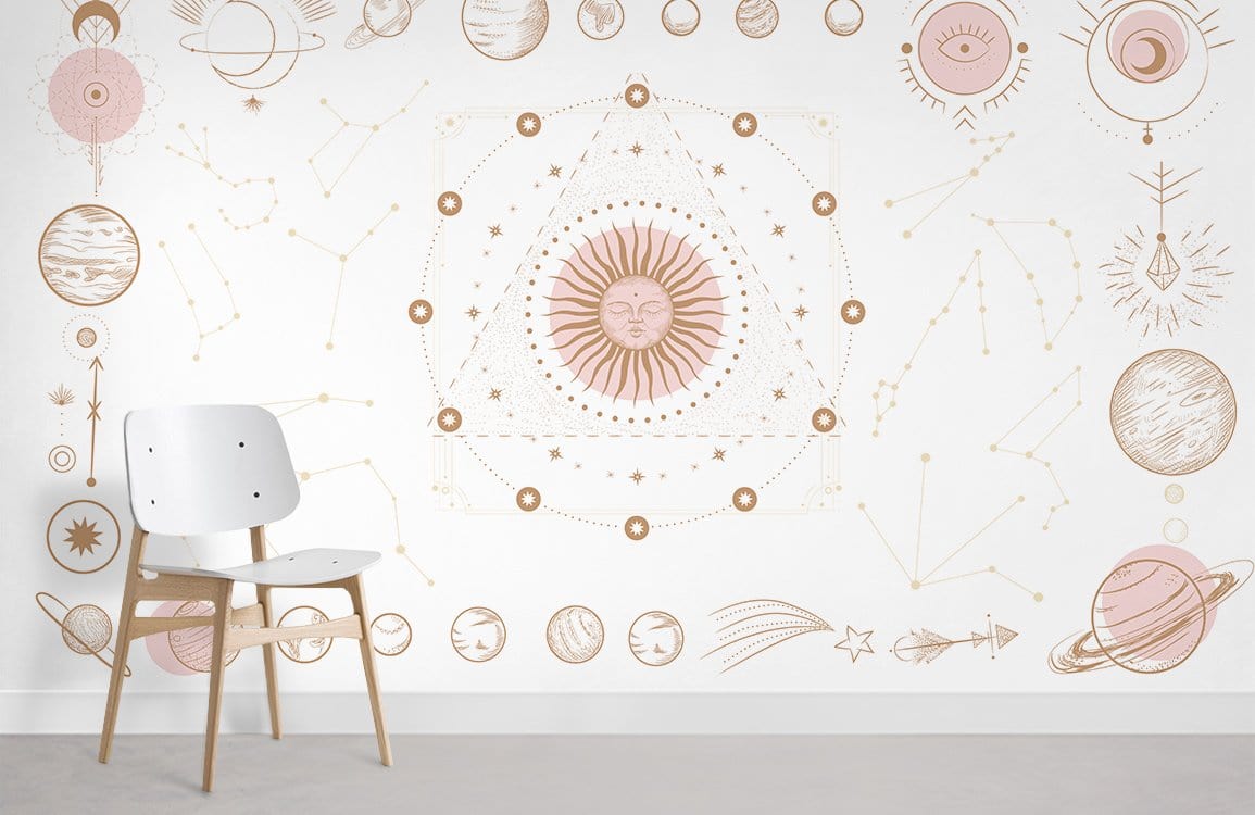 Bohemian sun and moon mural wallpaper with a white chair on light flooring, cosmic design elements.