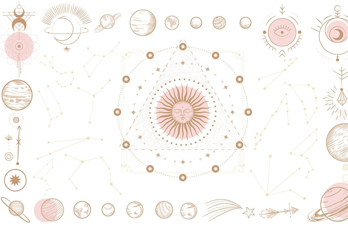 Celestial Sun and Moon Pink Beige Cosmic Bohemian Mural Wallpaper Art