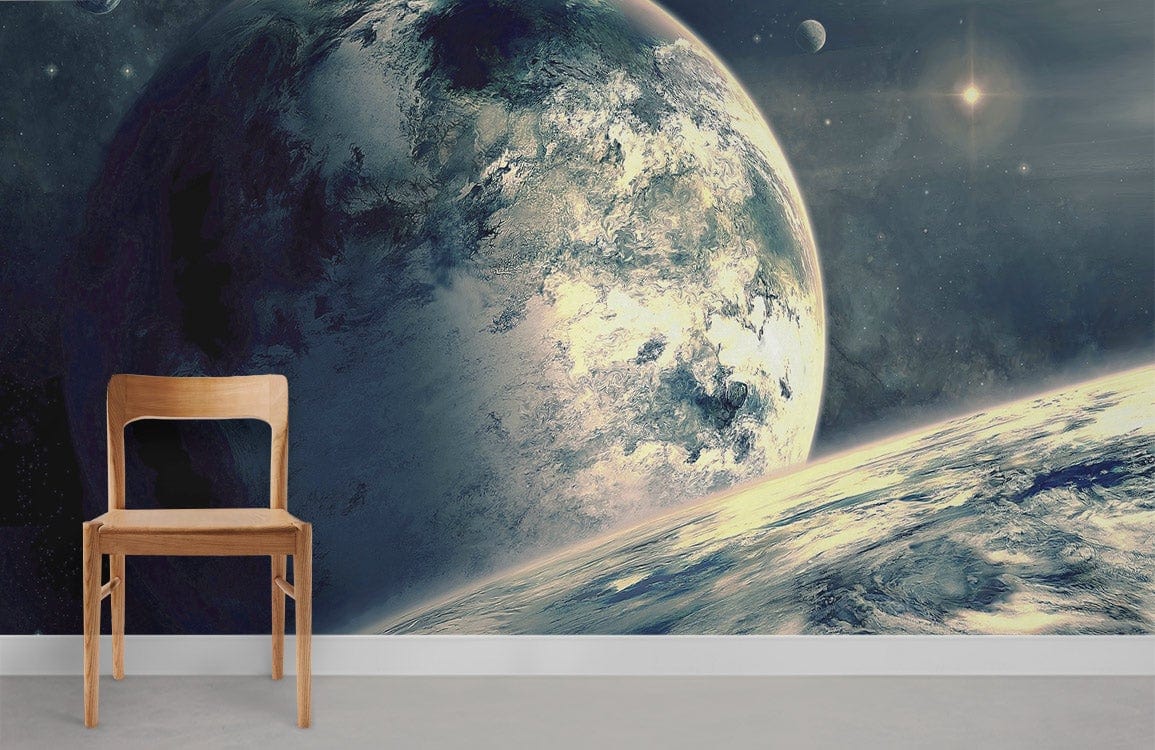 Galactic Planetary View Mural Wallpaper in cosmic blue with wooden chair, concrete flooring, cosmic decor theme.