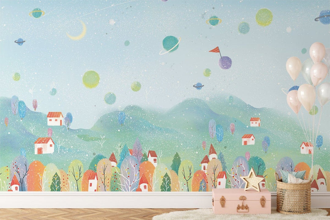 Whimsical Pastel Dreamscape Children's Mural Wallpaper with Colourful Fantasy Village Theme