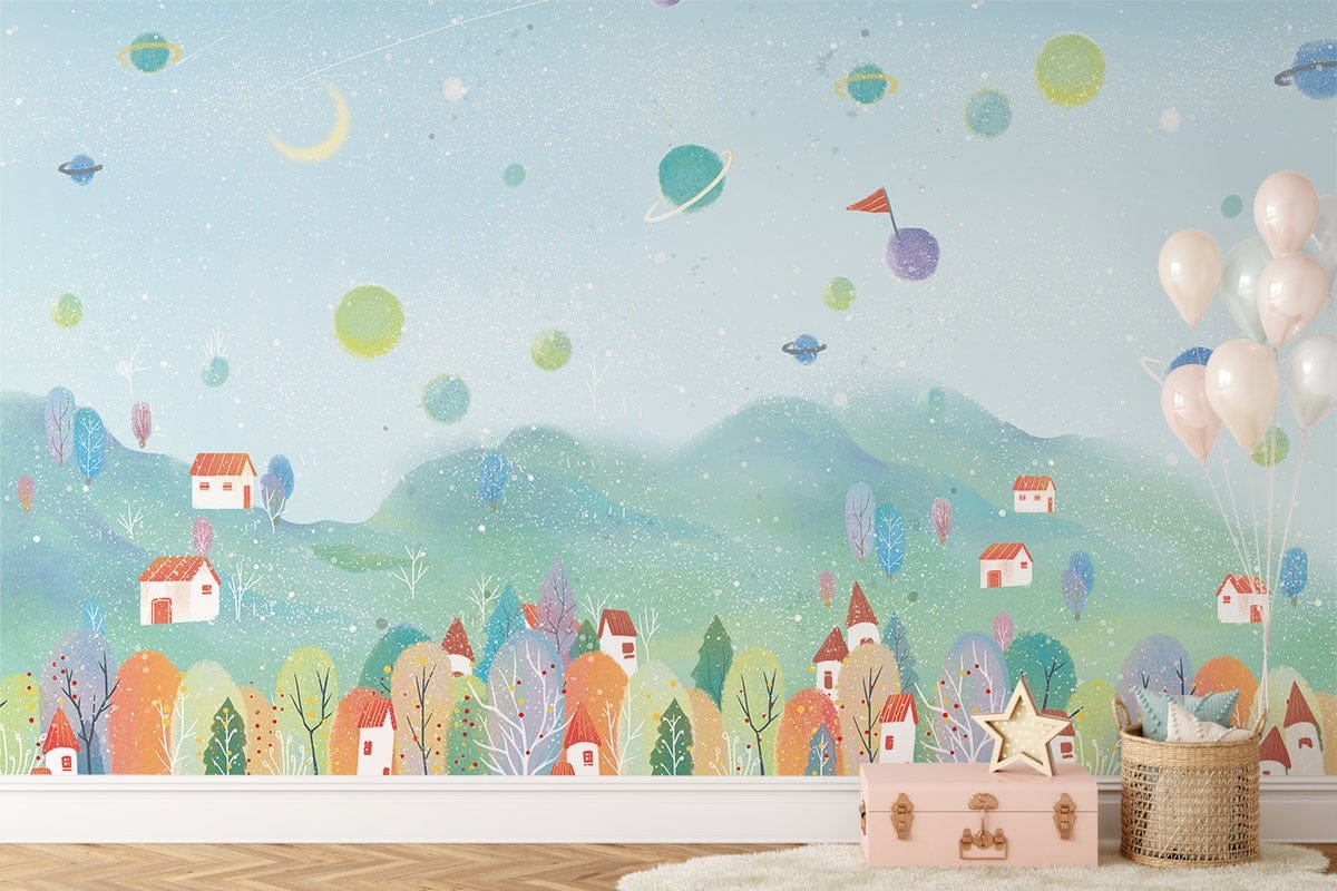 Whimsical Pastel Dreamscape Children's Mural Wallpaper with Colourful Fantasy Village Theme