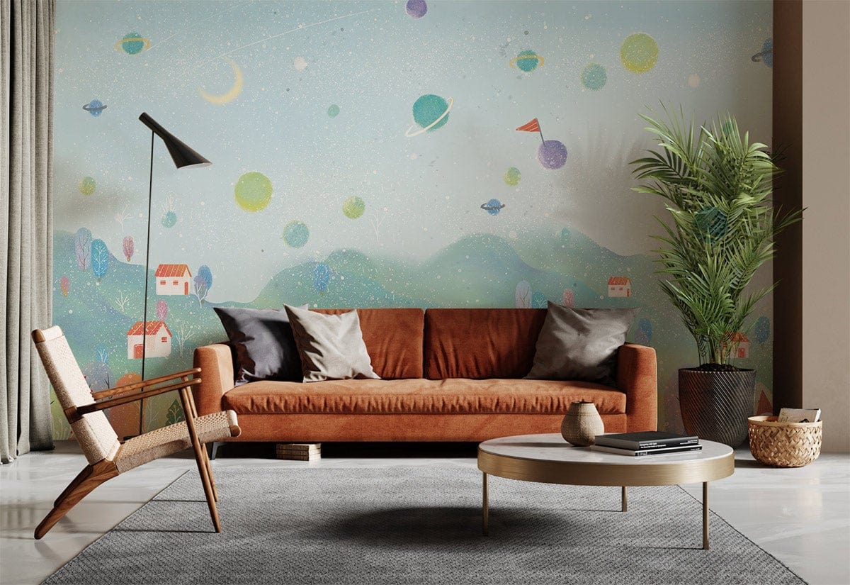 Whimsical Pastel Dreamscape Children's Mural Wallpaper in stylish living room with brown sofa and rug.