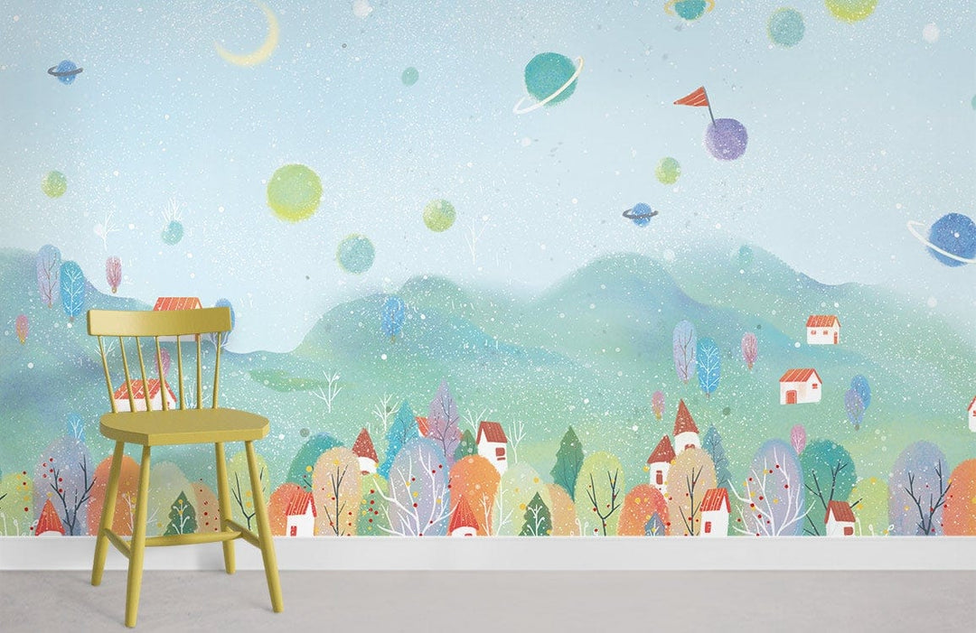 Whimsical Pastel Dreamscape children's mural wallpaper with fantasy village theme, green chair, children's room.
