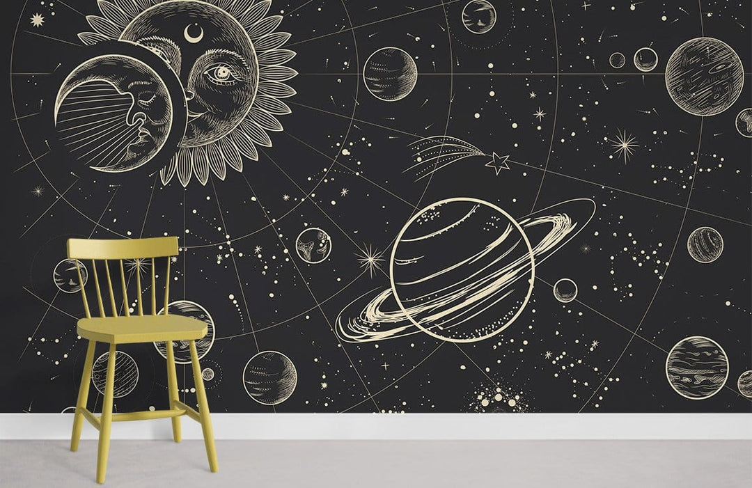Celestial Dreams mural in room with vintage black starry wallpaper, yellow chair, grey floor.