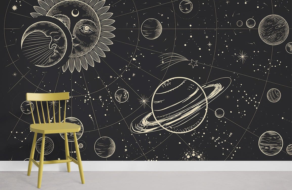 Celestial Dreams mural in room with vintage black starry wallpaper, yellow chair, grey floor.