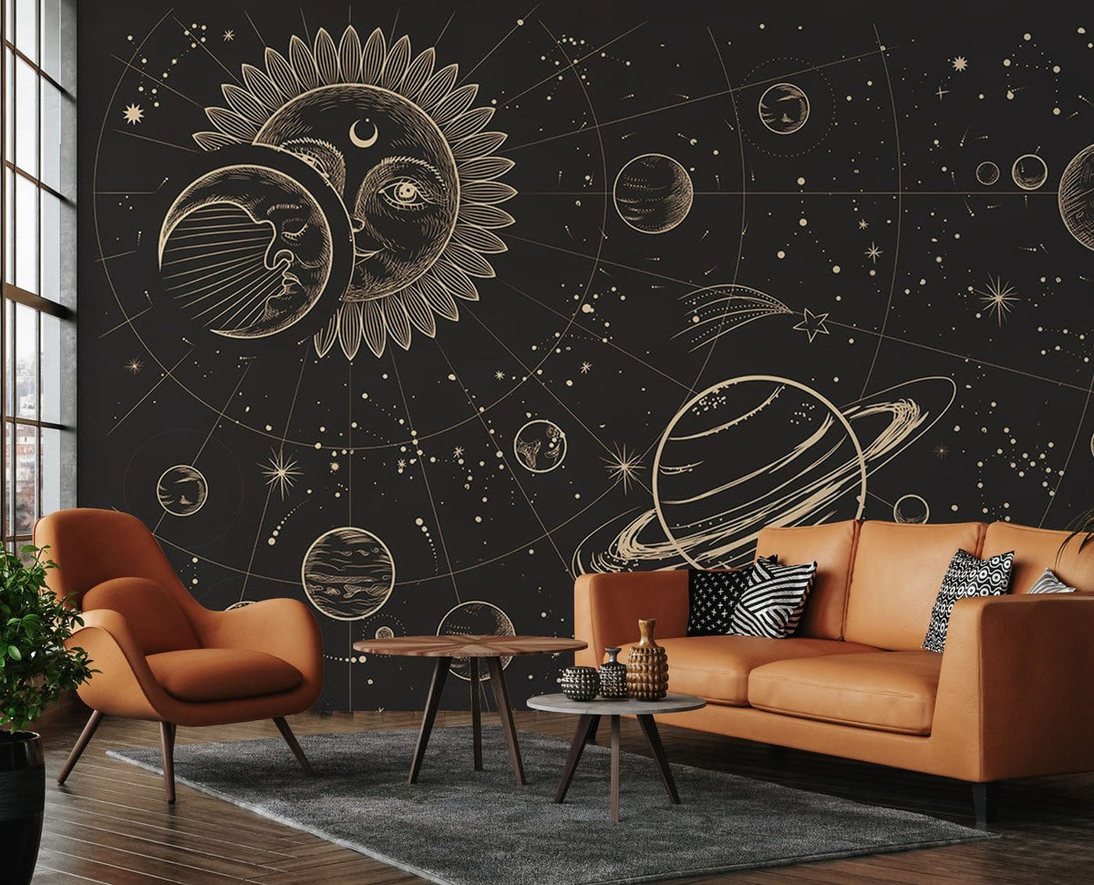 Celestial Dreams Vintage Starry Mural with tan sofa, modern chairs, dark wood flooring, living room.