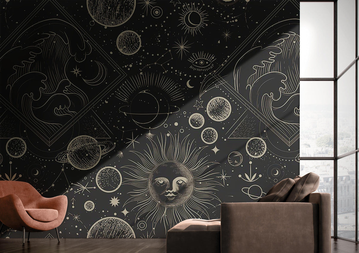 Vintage Cosmic wallpaper in lounge with celestial designs, brown armchairs, grey sofa, wooden flooring.