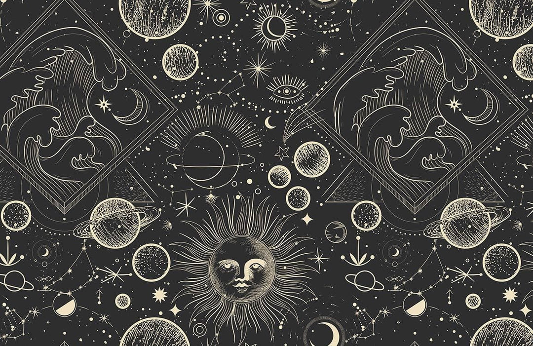 Vintage Cosmic Sun and Moon Black Wallpaper with Celestial Patterns