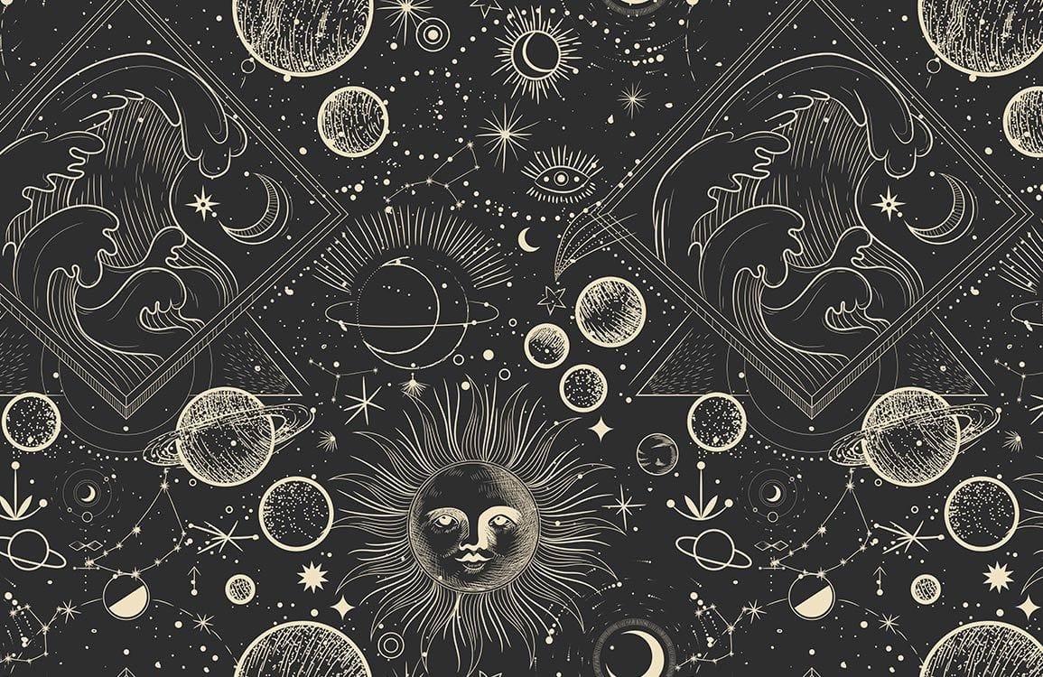 Vintage Cosmic Sun and Moon Black Wallpaper with Celestial Patterns