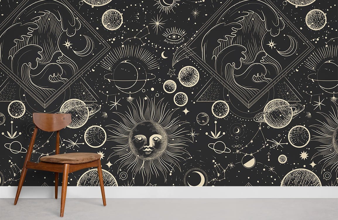Vintage cosmic sun and moon wallpaper with celestial patterns, wooden chair, grey flooring, minimalist room.