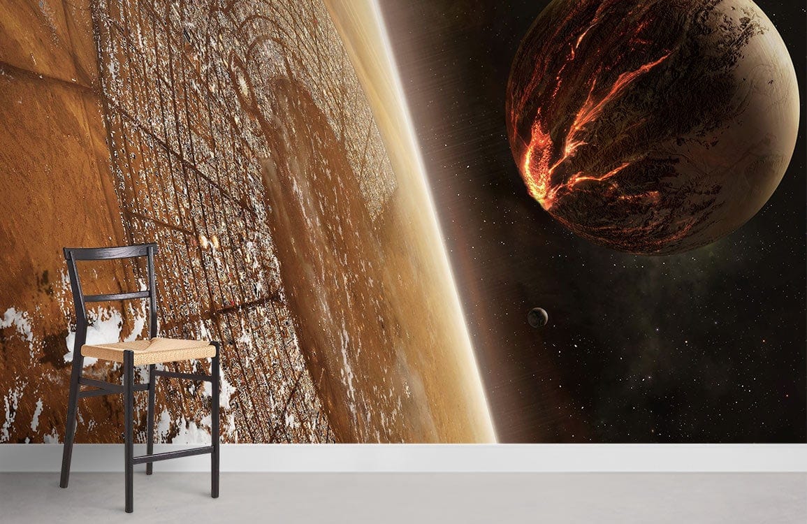 Sci-Fi space mural featuring cosmic landscape, black wooden chair, grey flooring, modern room design.