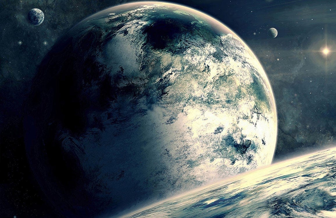 Galactic Planetary View Mural Wallpaper, Cosmic Blue Astral Landscape Design
