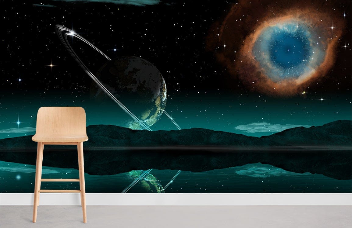 Teal planetary mural wallpaper, cosmic design, wooden chair, grey flooring, wall art by Spectacular.