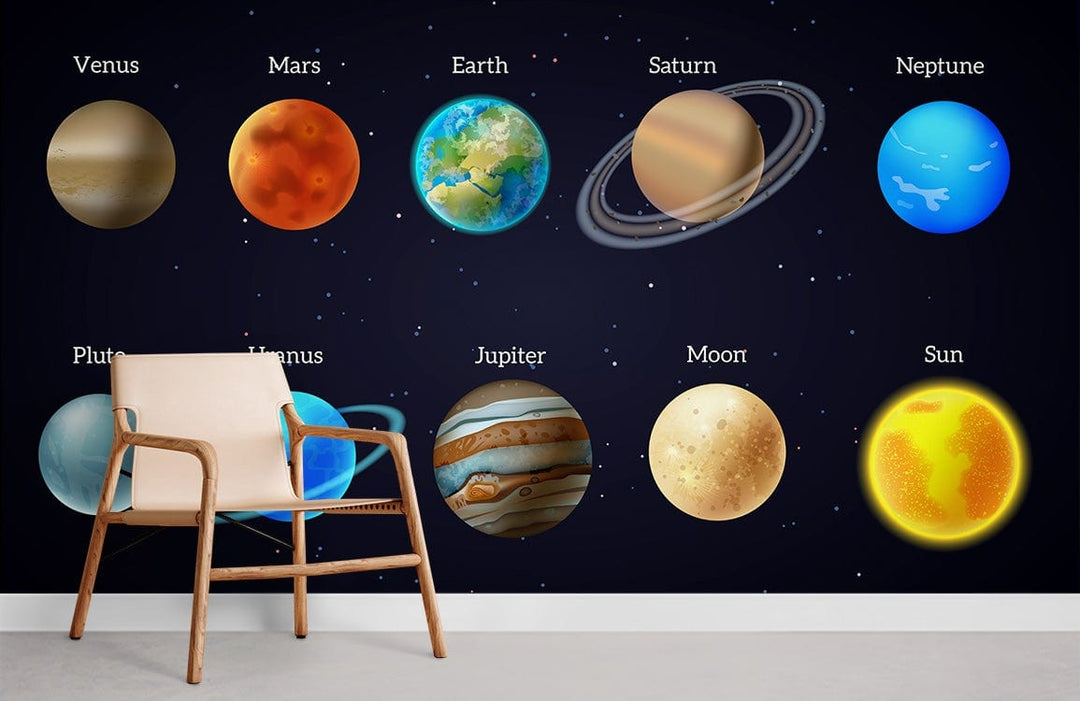 Space-themed planetary mural wallpaper with chair; cosmic design for children's room, dark wall background.