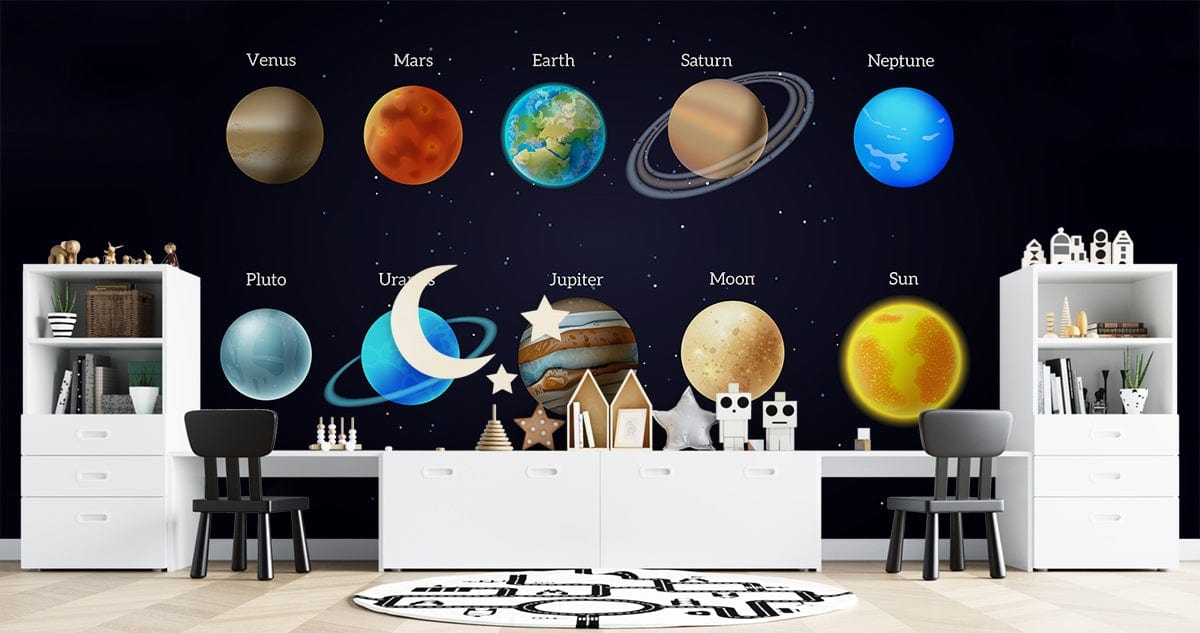 Space-Themed Planetary Mural Wallpaper in kids' playroom with white desks, black chairs, and light wood flooring.