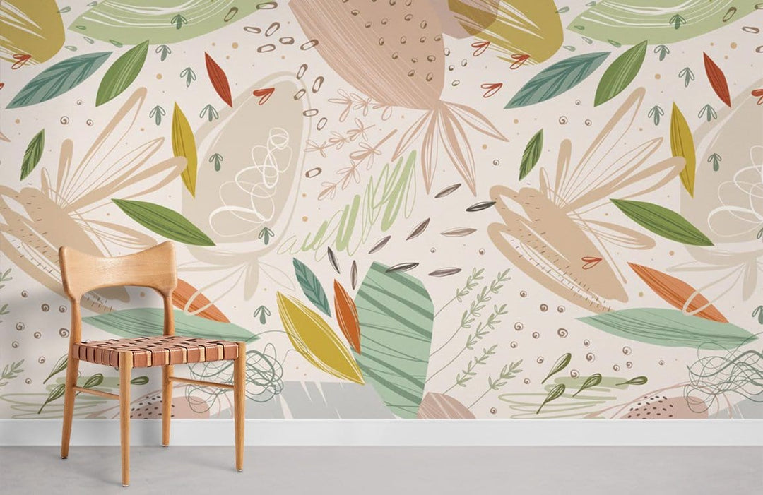 Botanical Dreamscape pastel abstract floral pattern wallpaper, wooden chair, grey floor, stylish interior design.