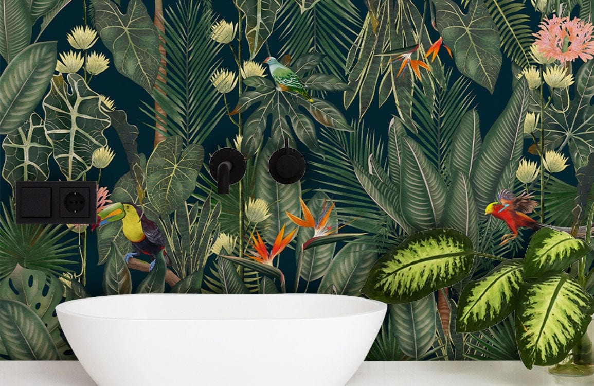 Tropical Jungle Paradise Dark Green Exotic Wallpaper in stylish bathroom; white bathtub and vibrant foliage.