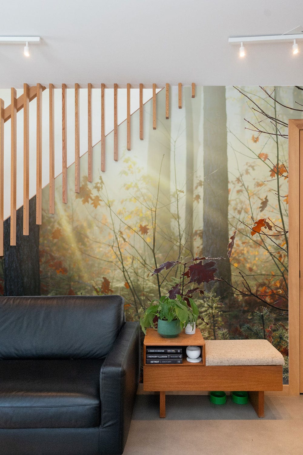 Rustic autumn wallpaper with sunlit trees, black leather sofa, light wood panels, modern living room.