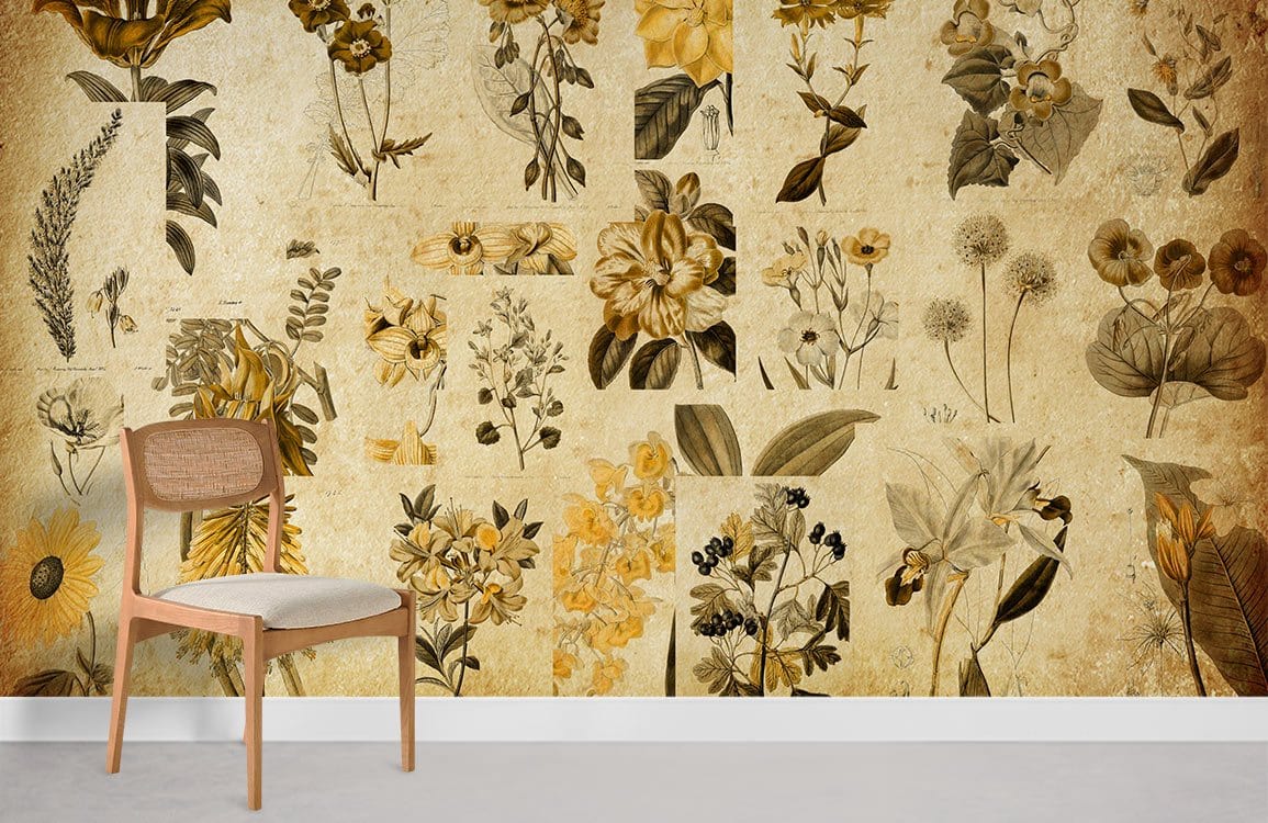 Vintage botanical floral mural wallpaper in golden sepia tones; features chair, modern beige flooring.
