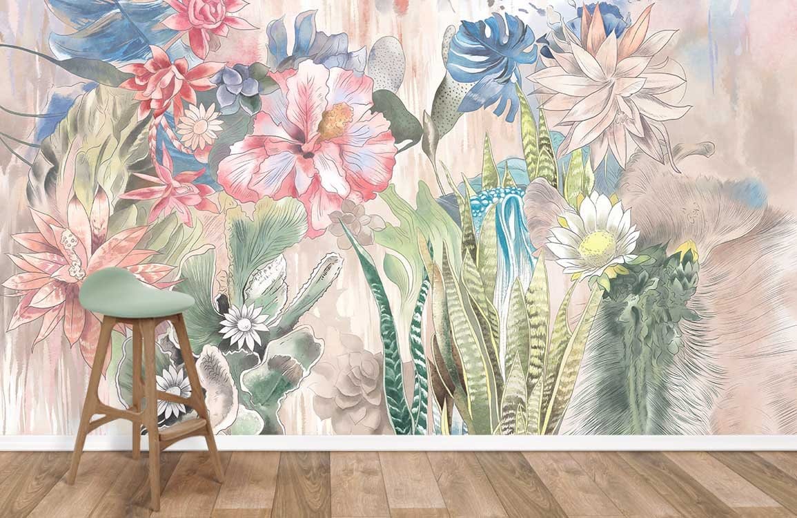 Tropical Floral Fantasy pastel mural wallpaper; wooden floor; modern stool; artistic wall decor.
