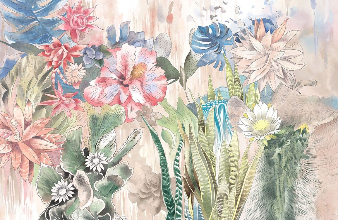 Tropical Floral Fantasy Watercolour Botanical Mural Wallpaper in Soft Pastel Hues