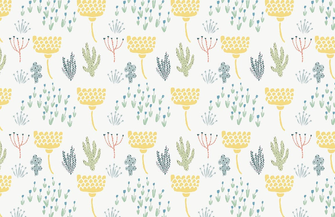 Charming Pastel Floral Pattern Wallpaper: Soft Yellow and Green Delight