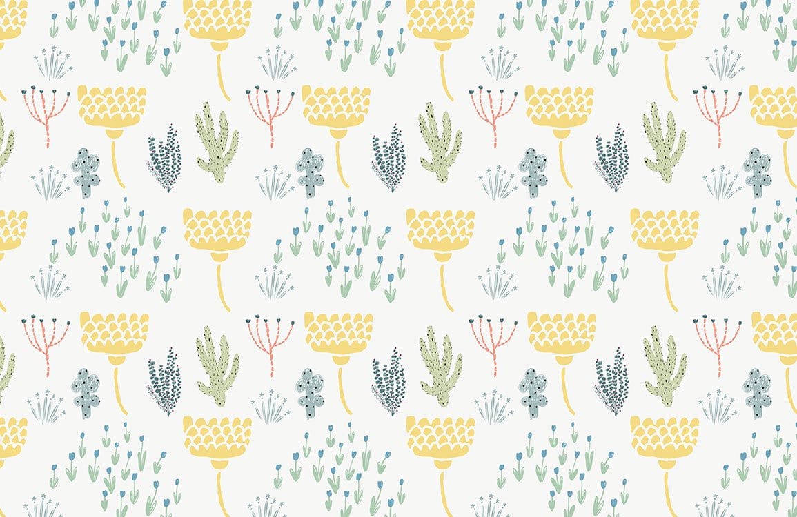 Charming Pastel Floral Pattern Wallpaper: Soft Yellow and Green Delight
