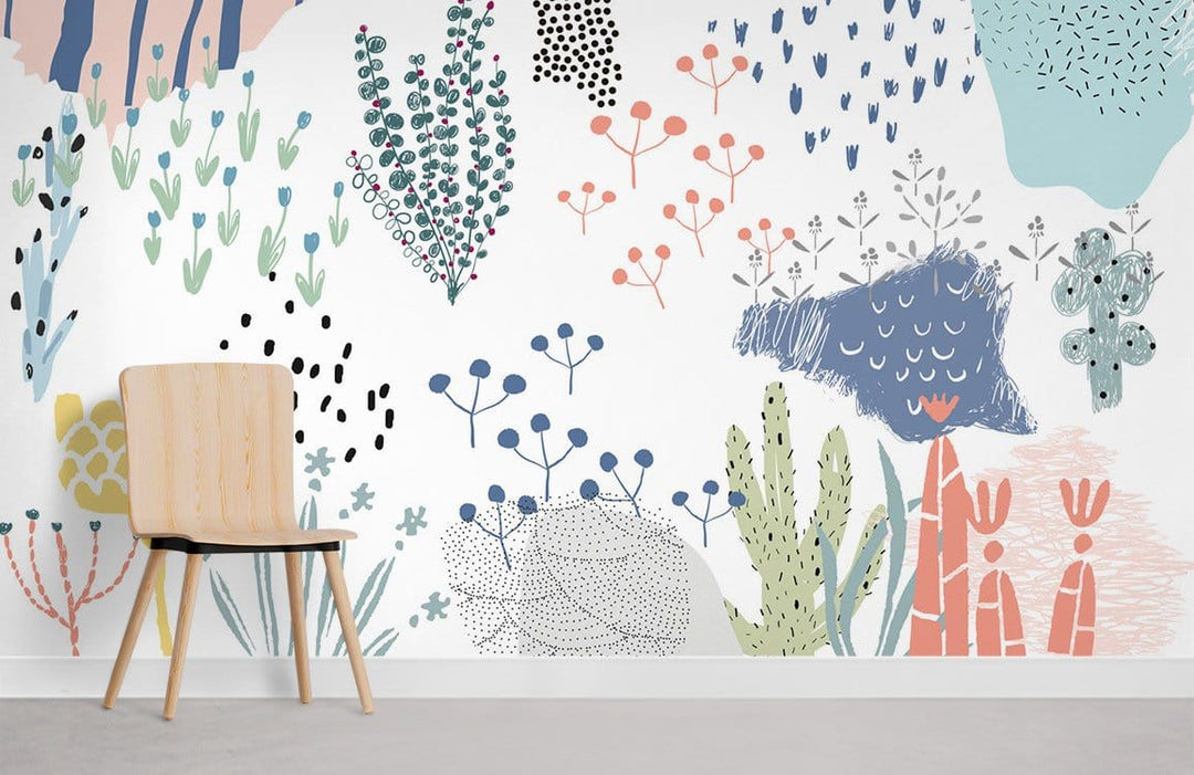 Colourful abstract botanical mural wallpaper with wooden chair, modern interior design, grey flooring.