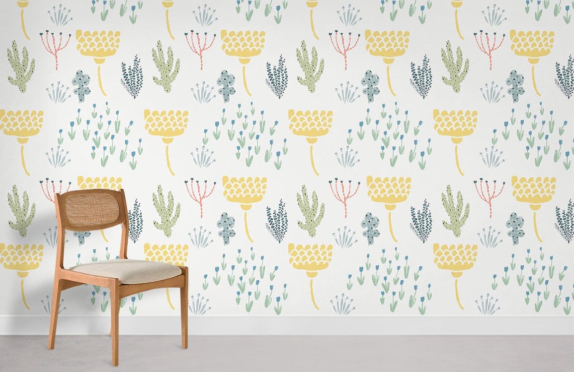 Charming Pastel Floral Wallpaper with wooden chair, grey flooring; soft yellow and green floral pattern.