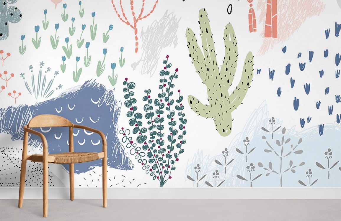 Colourful botanical wallpaper with pastel cacti, floral motifs, light wood chair, grey flooring.