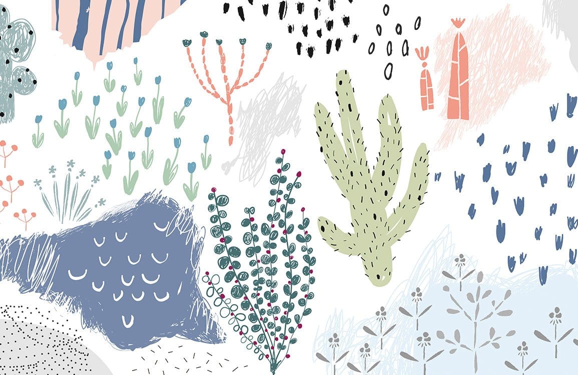 Colourful Botanical Desert Pattern Wallpaper: Playful Pastel Cactus and Floral Design