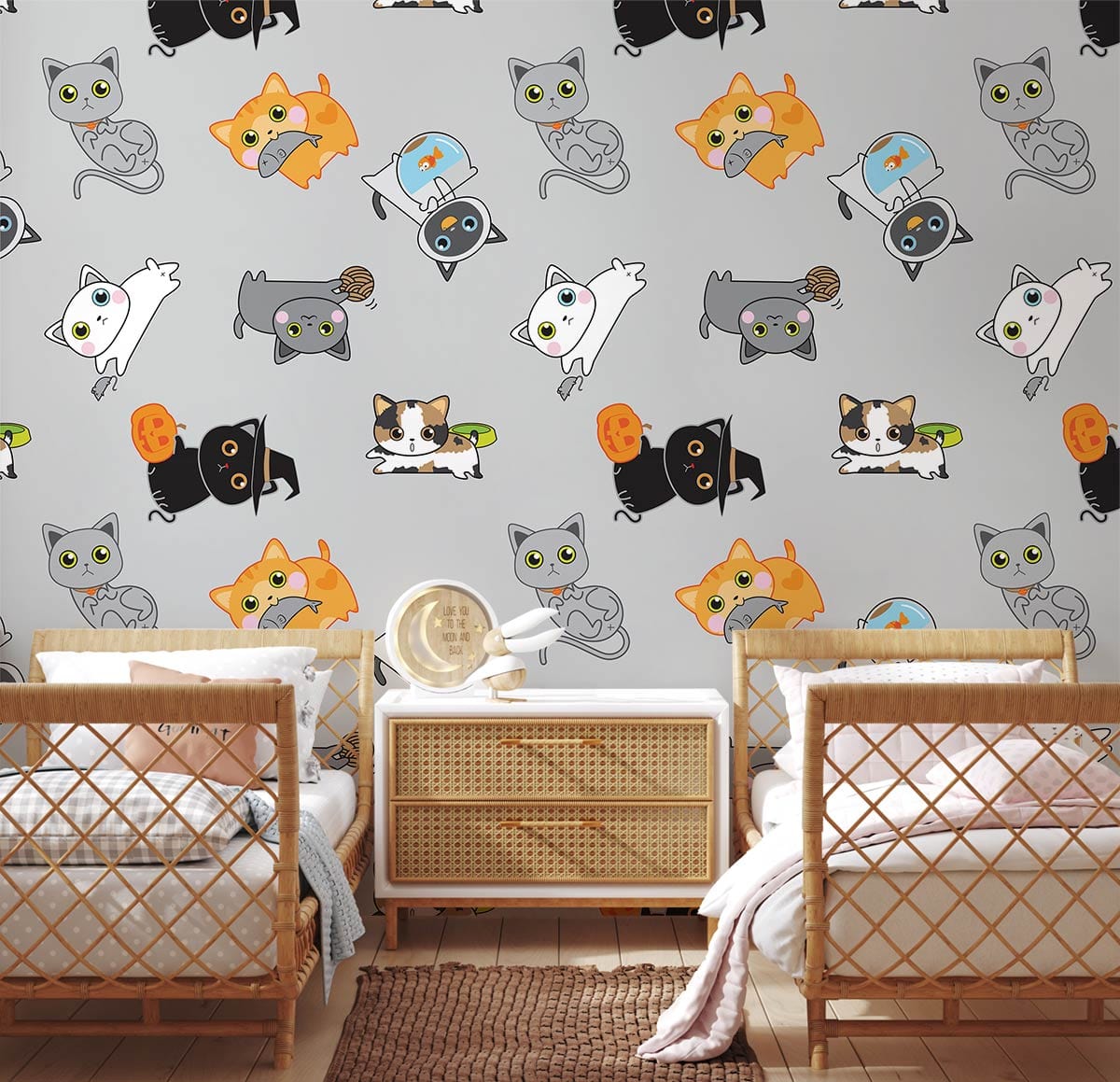 Cute cartoon cats wallpaper, grey background, children's room decor, wicker beds, wooden flooring, neutral tones.